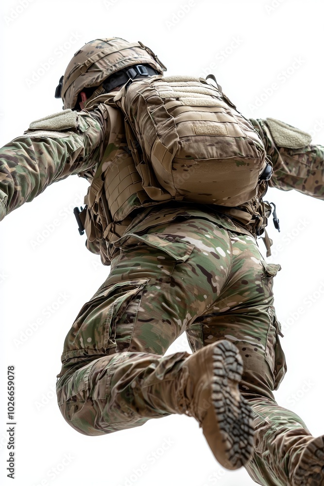 Fototapeta premium In combat uniform, shirtsleeves rolled up, helmet, eyeguards, and night vision goggles, ready to fire. Low readiness position. Studio shot with white background.