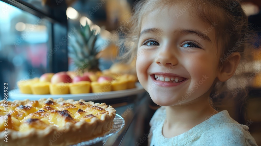 Joyful of a child exploring the bakery, fascinated by the variety of pie apple. Joyful of a child exploring the bakery, fascinated by the variety of pie apple.