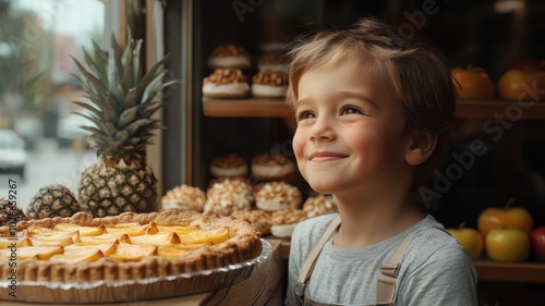 Young child gazing intently at a display of pie apple on the shelf, eyes wide with wonder and anticipation.