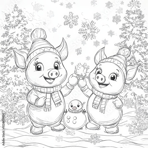 Digital stamp of an outline of a happy smiling snowman. This is a cute illustration coloring page.