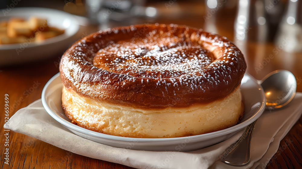 A cake sits on a plate beside a spoon on a table A cake sits on a plate beside a spoon on a table