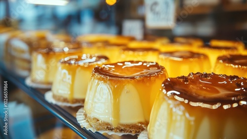 Custard pudding perfectly positioned to catch the eye of any sweet tooth in showcase. photo