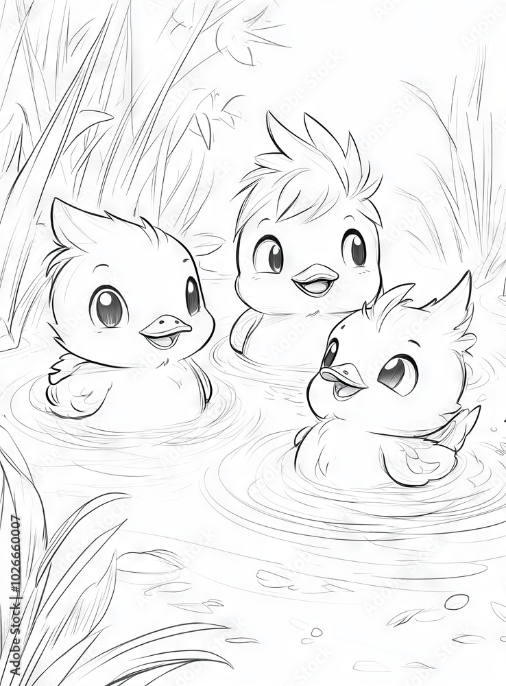 Theme coloring page with ducklings at the pond themed for spring or summer. Theme coloring page with ducklings at the pond themed for spring or summer.