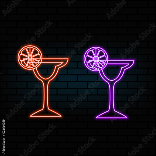 Hipster polygonal cocktail tequila sunrise neon sign. Triangle cocktail