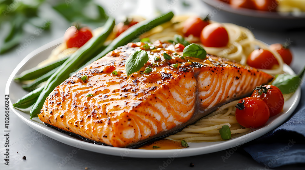 Salmon, pasta, and vegetables on a plate Salmon, pasta, and vegetables on a plate