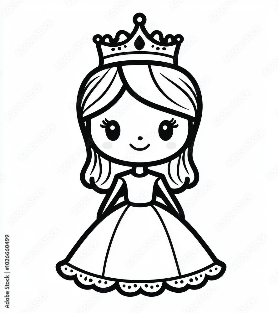 Fototapeta premium Detailed outline outline stroke illustration of a princess character coloring page queen crown fairy tale for kids