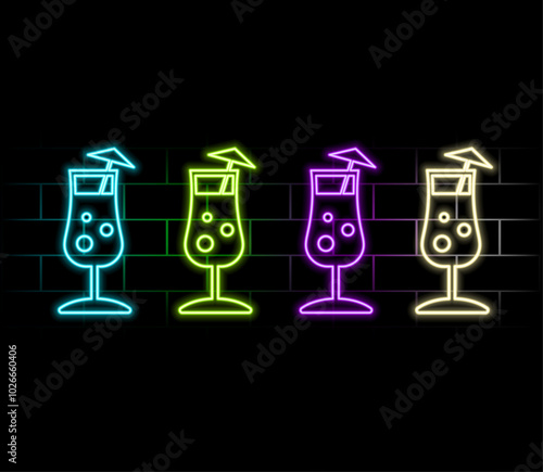 Set of Neon Icons. Beach cocktails tequila, wine, and mojito in glass goblets, ice cream, palms and sea made of neon lamps with illumination. EPS10 vector illustration.