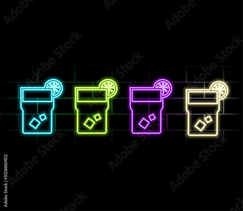 Swimming ring, chaise longue and drinks neon signs set. Vacation, summer and tourism design. Night bright neon sign, colorful billboard, light banner. Vector illustration in neon style.