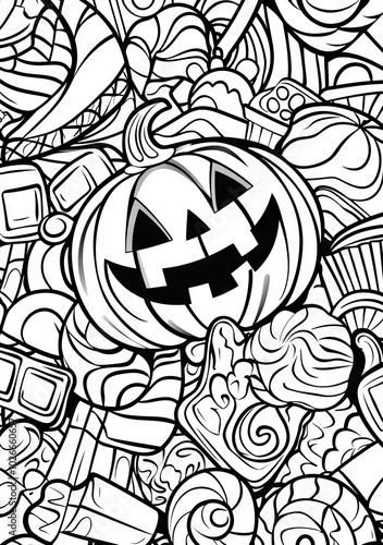 A doodle coloring book page depicting Halloween pumpkins and candies. An anti-stress activity for adults