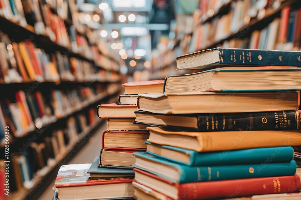 On a wooden table in a room, a stack of colorful books is arranged in a selective manner. On a wooden table in a room, a stack of colorful books is arranged in a selective manner.