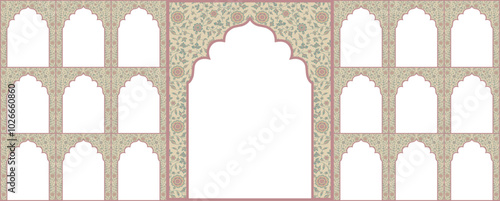 Set of windows Beautiful Floral Arch small and Big Design with Indian Rajasthani fort and Culture. Wedding Backdrop & other uses. Abstract Indian floral design, Persian carpet, tribal texture, Vector.