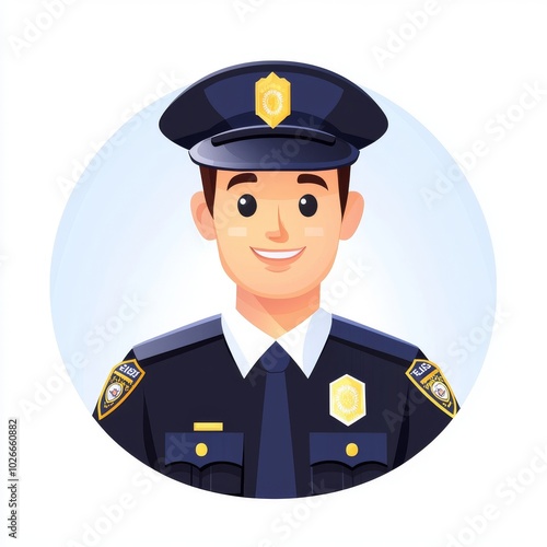 A black and white illustration of a law enforcement officer with hat and badge. EPS modern file.