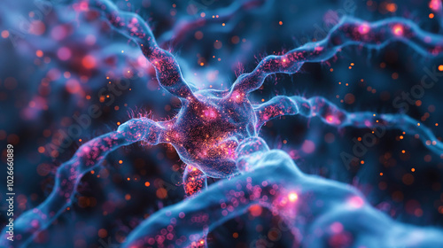 Artistic depiction of neurons with glowing signals and connections. photo