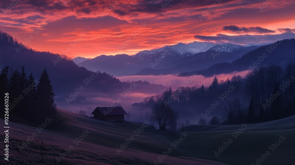Slovenian countryside, moments to sunrise Slovenian countryside, moments to sunrise