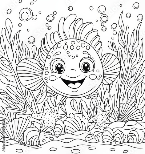 Hand-drawn black and white page for baby coloring book. Illustration of cute fairy-tale fish swimming underwater. Worksheet for adults and children.