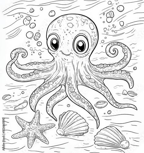 An illustration of a fairy-tale fish swimming underwater on a black and white page for a baby's coloring book. This is a printable template for kids. You can use it both for children and adults. This