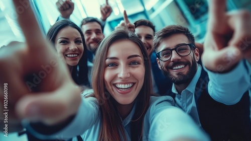 Smiling team shows unity, fingers up