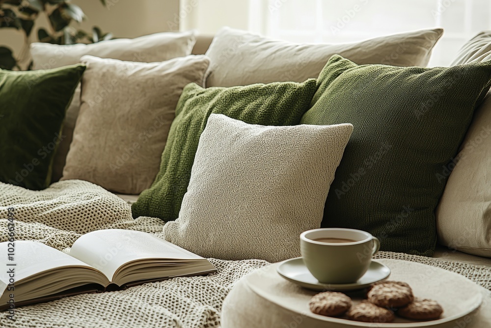 A cup of drink, cookies, and a book on the bed under the new linens of pistachio A cup of drink, cookies, and a book on the bed under the new linens of pistachio