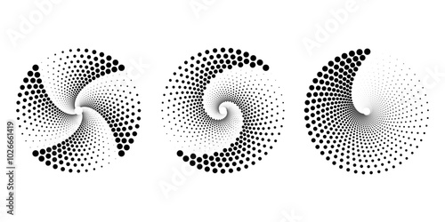 Set of black dotted vortex shapes. Geometric art. Halftone dots. Trendy design element for logo, tattoo, sign, symbol, web, prints, posters, social media, template, pattern and abstract background