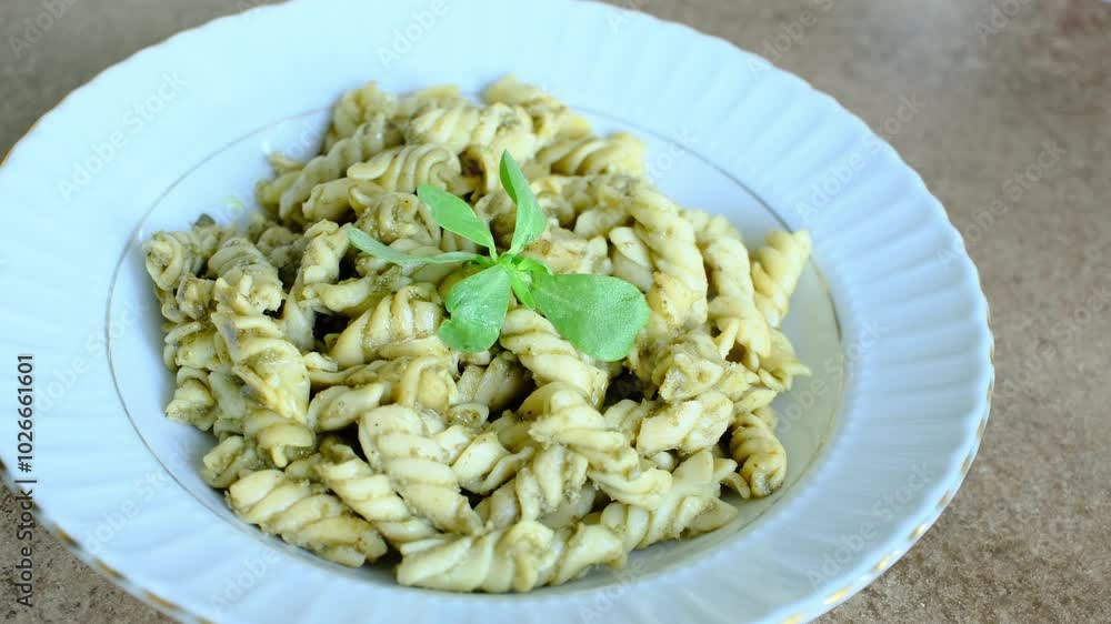 pasta with pesto sauce on brown background in close-up
pasta with pesto sauce on brown background in close-up