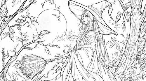 Beautiful witch in the forest at night with a broom and potions