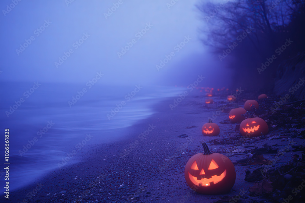 Naklejka premium Haunting Jack-o'-lanterns on Foggy Beach at Dusk