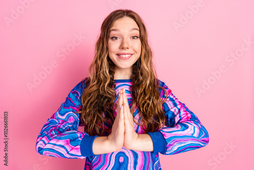 Photo of pretty young woman arms plead wear pullover isolated on pink color background