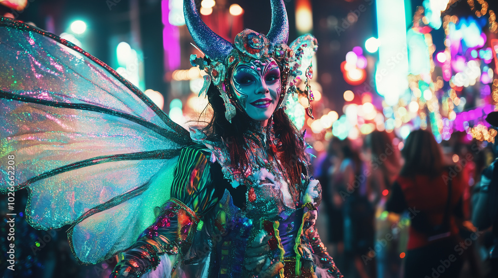 Fototapeta premium Fantasy Fest, a street parade filled with people in fantasy costumes with wings, horns and brightly colored magical costumes, Ai generated images