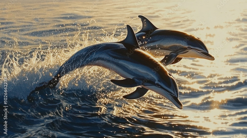 Fototapeta premium Two playful dolphins leap from the water at sunset, creating a splash of water.