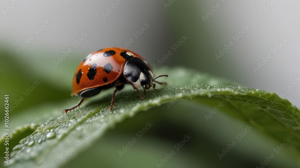 Fototapeta premium A ladybug with black spots crawls on a green leaf with dew drops.