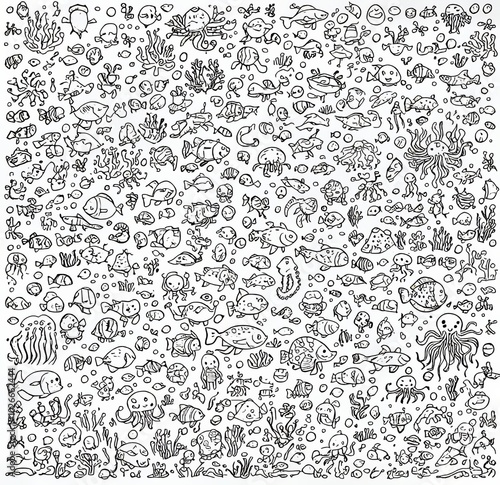 Underwater sea animals set for coloring, easy educational coloring book for preschoolers.