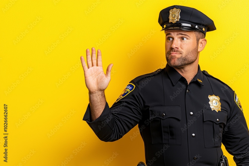The handsome hispanic man in a police uniform is moving away from the camera with his hands palms showing rejection and denial, expressing fear and disgust. The handsome hispanic man in a police uniform is moving away from the camera with his hands palms showing rejection and denial, expressing fear and disgust.