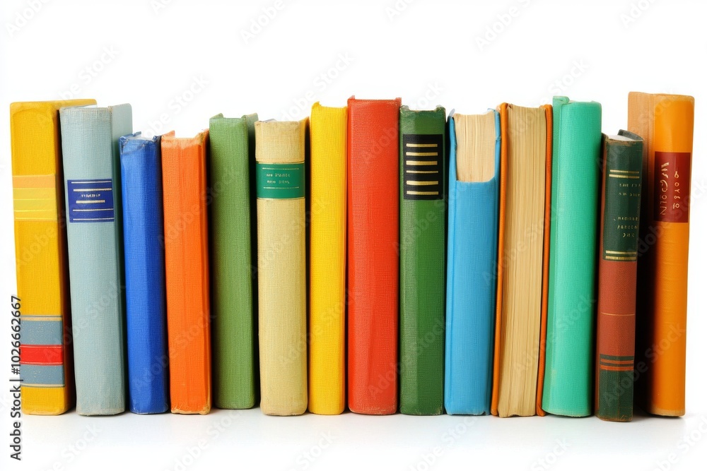 The spines of different colored books are isolated on a white background The spines of different colored books are isolated on a white background