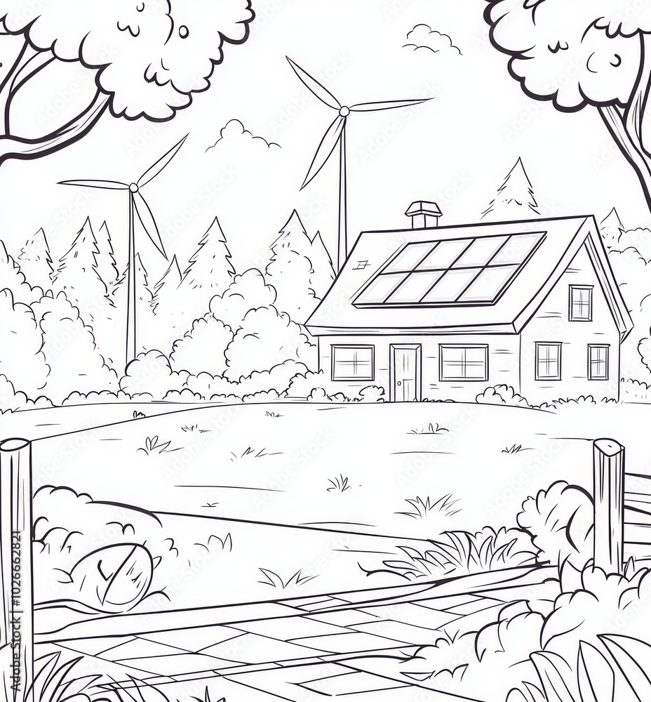The setting consists of an eco-friendly home, wind turbines, solar panels, and trees. An illustration of an ecological country landscape. The setting consists of an eco-friendly home, wind turbines, solar panels, and trees. An illustration of an ecological country landscape.