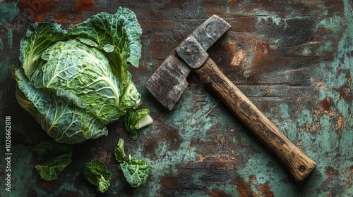 Slice cabbage with hatchet on rustic backdrop. photo