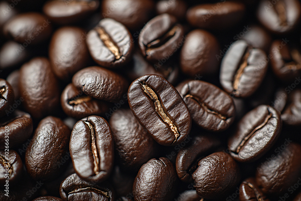 Obraz premium Closeup fresh roasted Arabian or aroma coffee beans background. Food pattern. Love organic coffee concept backdorp. Top view, flat lay with copy space for cafe advertising, package design