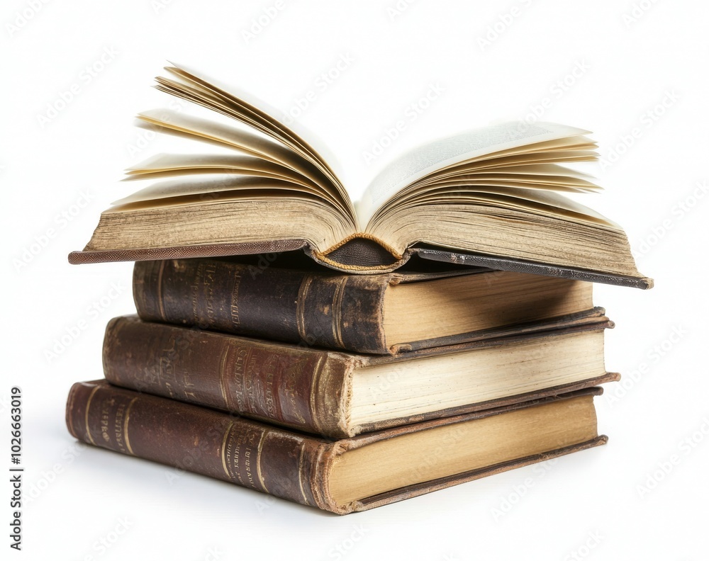 Books stacked on top of one another with an open book on top, isolated on white Books stacked on top of one another with an open book on top, isolated on white