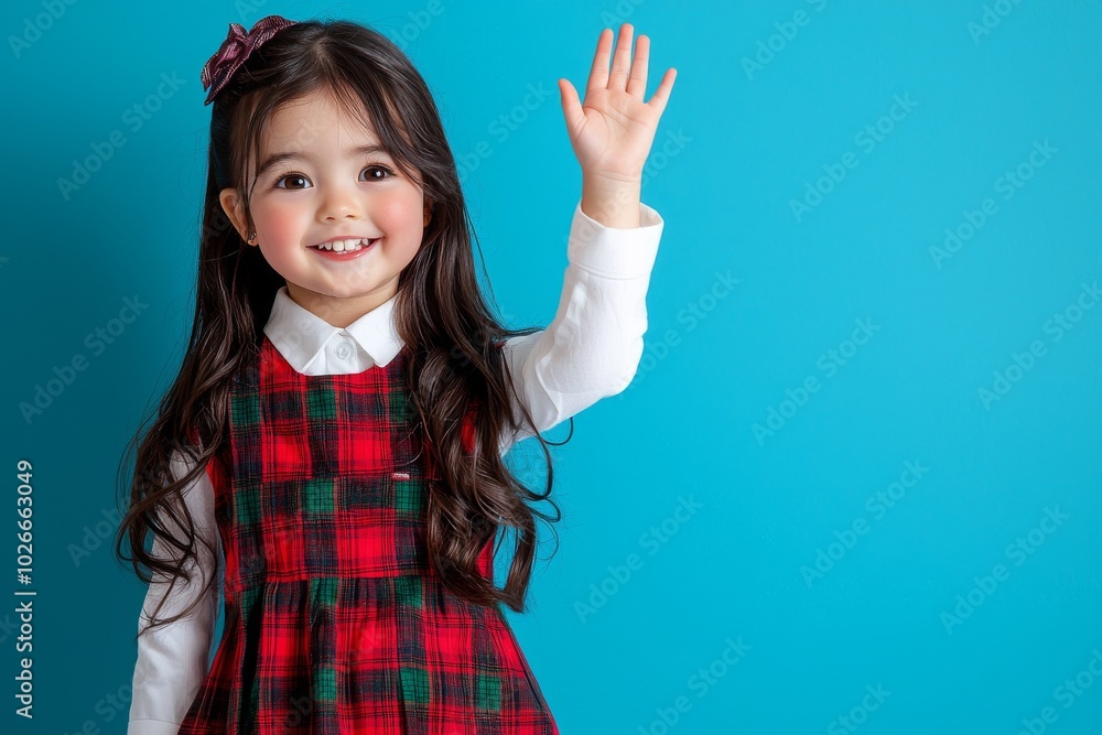 The body size photo shows a cute nice schoolgirl wearing uniform showing five fingers hello world against a blue background The body size photo shows a cute nice schoolgirl wearing uniform showing five fingers hello world against a blue background