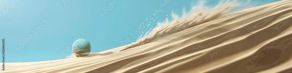 Obraz premium Turquoise Tumbling: A small pebble rolls down a sand dune, creating a mini-avalanche of sand and dust behind it.