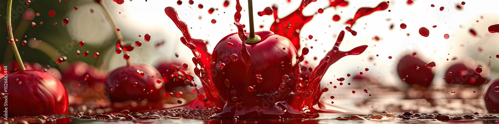 Crimson Splash: A fresh cherry falls from a tree, bursting open as it hits the ground, red juice splattering around it. Crimson Splash: A fresh cherry falls from a tree, bursting open as it hits the ground, red juice splattering around it.