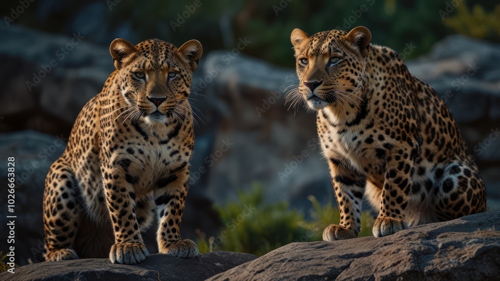 Naklejka premium Two leopards sit on a rock, looking alert and focused.
