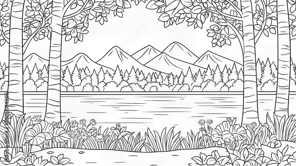 Fototapeta premium Kids will enjoy this black-and-white page of a landscape.