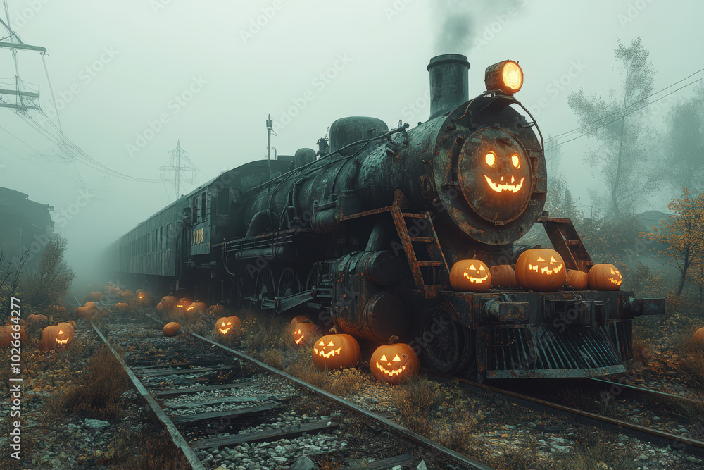 Obraz premium Haunted Halloween Train with Jack-O'-Lanterns