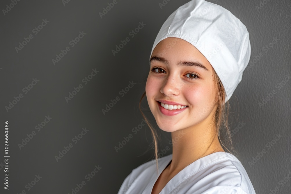 Licensed healthcare professional wearing blue scrub hat smiles directly at camera. This image can be used to depict friendly healthcare professionals or to emphasize the importance of positive Licensed healthcare professional wearing blue scrub hat smiles directly at camera. This image can be used to depict friendly healthcare professionals or to emphasize the importance of positive