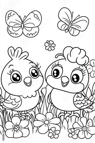 Black and white coloring page of cute bird with flowers.