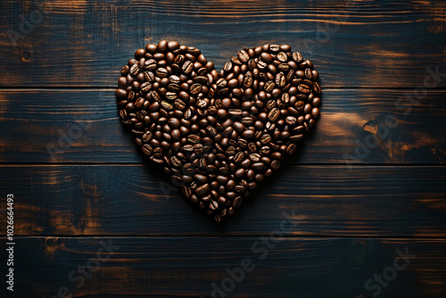 Closeup fresh roasted Arabian or aroma coffee beans on shape of heart. Organic coffee concept background. Top view, flat lay backdorp with copy space photo