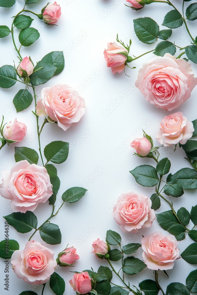 Soft pink roses with green leaves arranged elegantly on a white surface Soft pink roses with green leaves arranged elegantly on a white surface