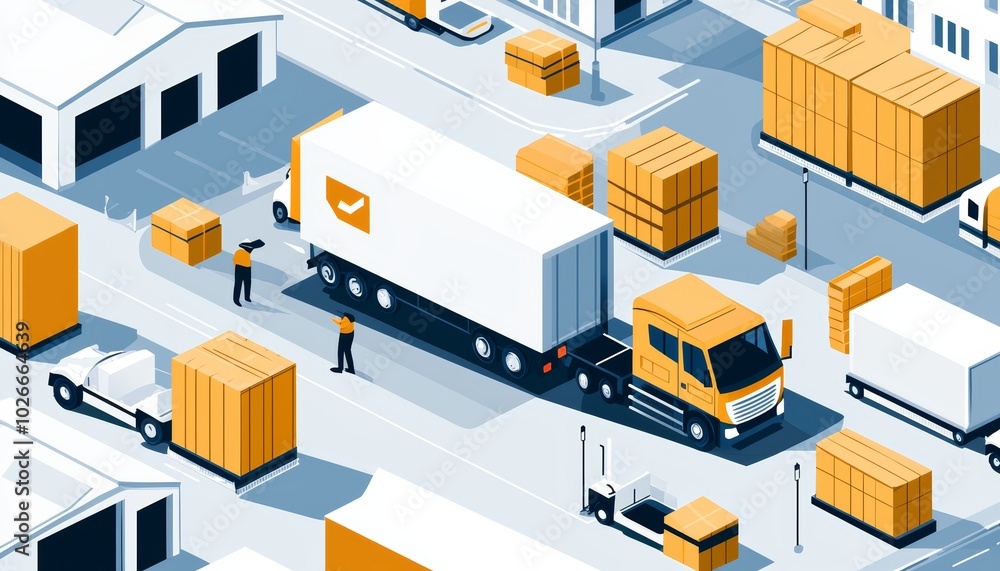A bustling logistics hub with trucks and forklifts moving goods, representing the heart of industrial supply chains A bustling logistics hub with trucks and forklifts moving goods, representing the heart of industrial supply chains