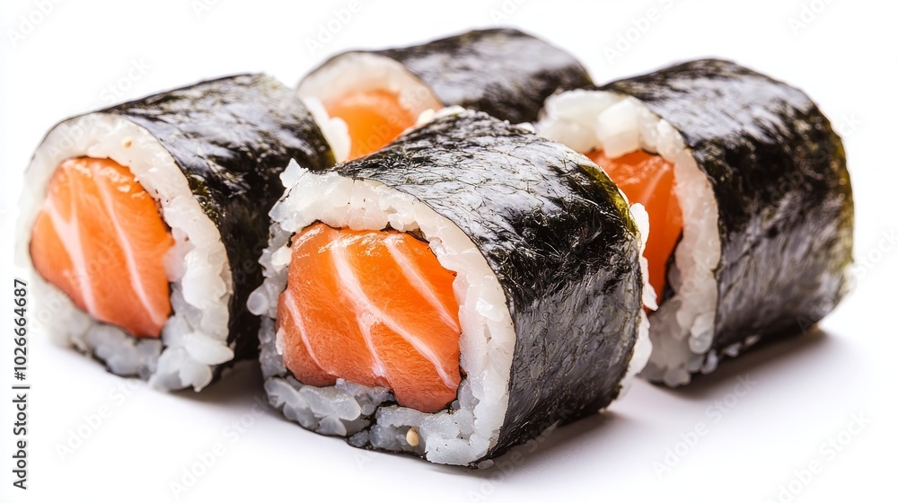 Four pieces of salmon sushi rolls with white rice and nori seaweed, isolated on a white background. Four pieces of salmon sushi rolls with white rice and nori seaweed, isolated on a white background.