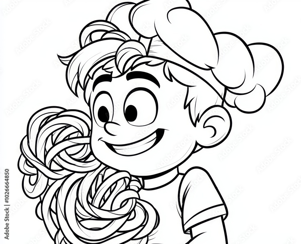 Fototapeta premium A funny cartoon illustration for a coloring book featuring a funny young chef in a chef hat holding a platter with freshly cooked very long spaghetti